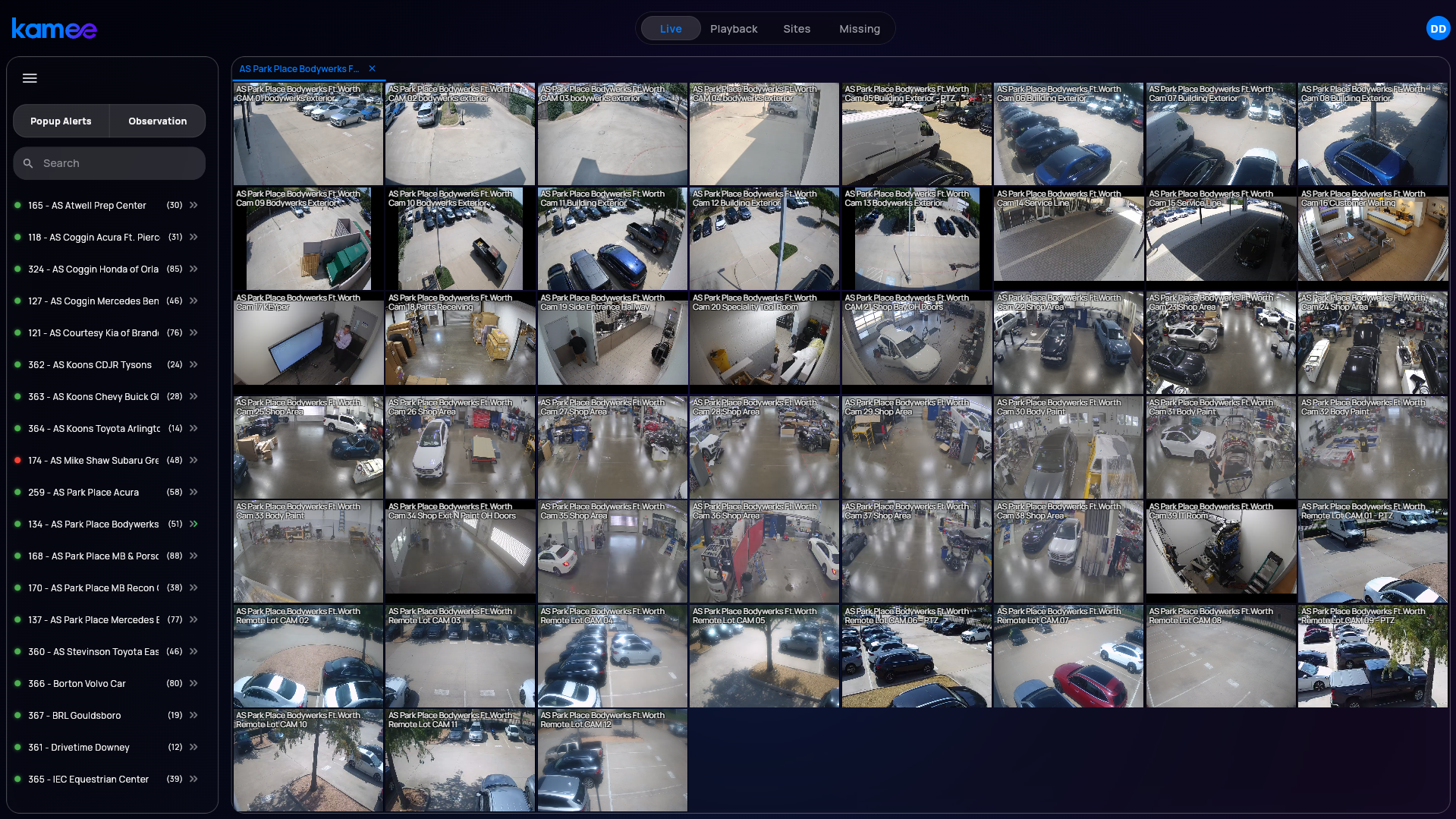 Kamee live monitoring interface displaying cameras across a client property